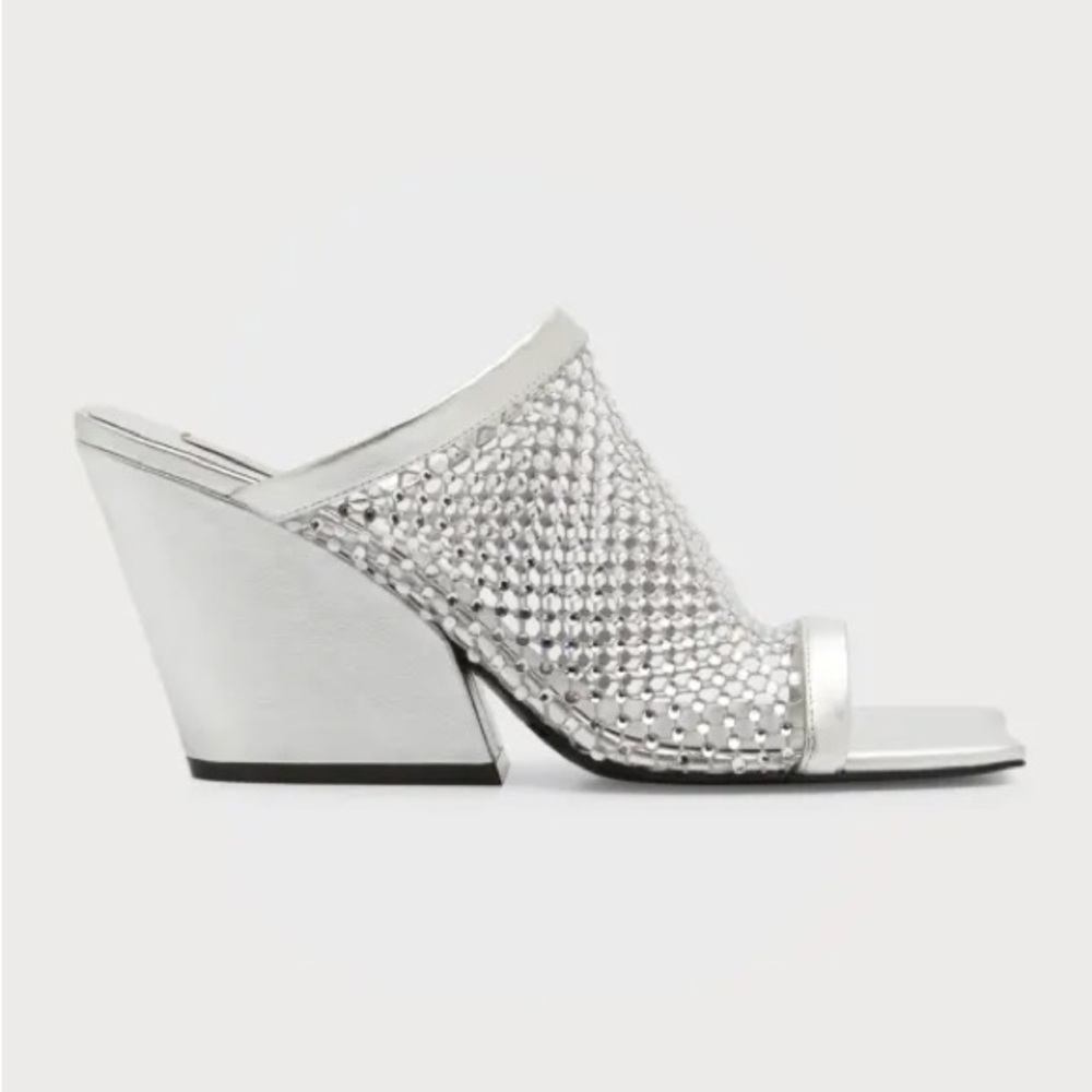 Stella McCartney Silver Mesh Wedge Mules, Size 39